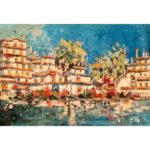 油絵 絵画 マルコ 作 イタリア・コモ湖沿いの街 イタリア風景画 リビング インテリア 定価5500...