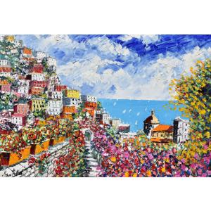 風景油絵 絵画 カンザネッラ 作 「イタリア風景・ナポリの港