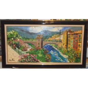 油絵 絵画 マルコ 作 イタリア・橋のある風景 インテリア リビング 定価400000円