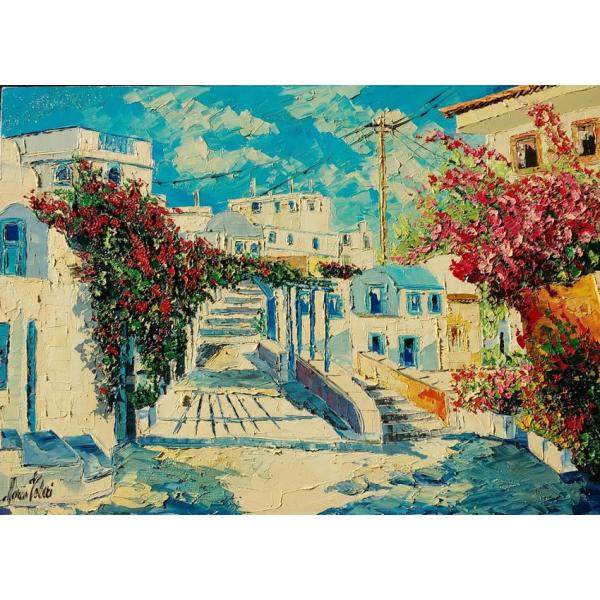 油絵 絵画 マルコ 作 「ギリシャ風景・ミコノス島」 リビング インテリア 定価550000円