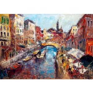 イタリア風景 絵画 油絵 チェルクア 作 「ベネチア」 風景画 インテリア