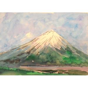 富士山の絵画 水彩画 横尾武之 作 「山中湖からの富士(2)」 風景画 インテリア　22cm×27c...