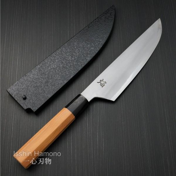 包丁 牛刀 210mm 孤月牛刀 青二鋼 焔 黒石目鞘 堺孝行 堺鍛冶師 土井逸夫作