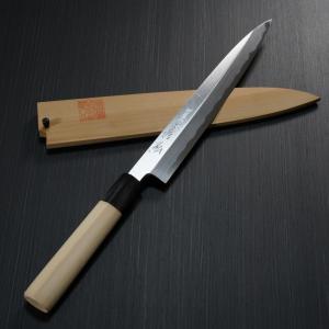 唯千里オリジナル堺製本霞青二鋼墨流し 切付柳刃 300 mm 【黒檀八角