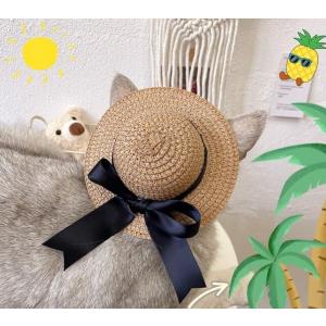犬用 猫用 麦わら帽子 黒リボン XS / ストローハット ペット用アクセサリー チワワ トイプード...