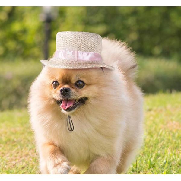 犬用 猫用 麦わら帽子 ピンクリボン M / ストローハット カンカン帽 ペット用アクセサリー チワ...