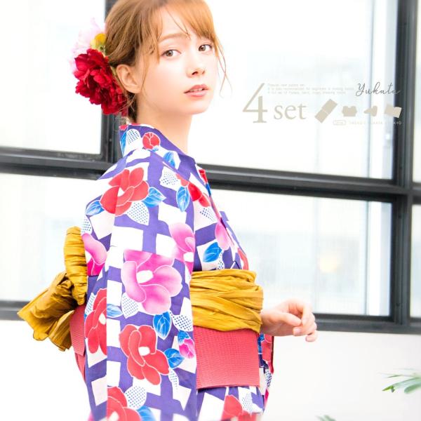 浴衣セット レディース 簡単（ゆかた・作り帯・下駄・着付け本） レトロ 和風 派手 モダン ボタン ...