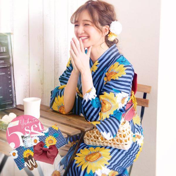 レディース 浴衣 セット 簡単（ゆかた・作り帯・下駄・着付け本・腰ひも）綿 レトロ 紺 青 赤 向日...