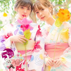 浴衣 レディース 2023 1人で簡単に着れる（ゆかた 作り帯 下駄 カタログ、腰ひも）豪華浴衣5点セット 金魚 カラフル 梅 市松 水色 パステル