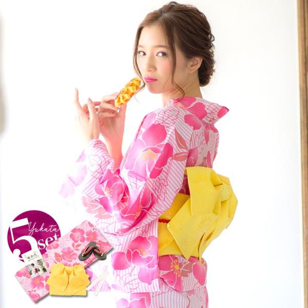 浴衣セット レディース 簡単（ゆかた・作り帯・下駄・腰ひも・着付け本） レトロ 和風 派手 モダン ...