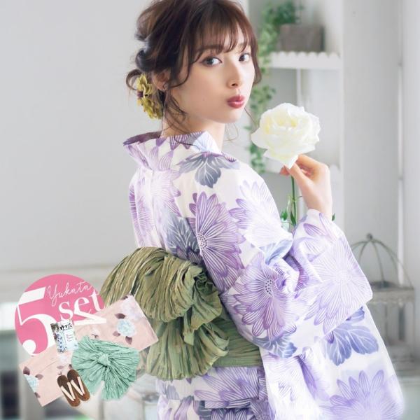 レディース 浴衣 セット 大人 （ゆかた しわ兵児帯 下駄 着付け本 腰ひも）はんなり高級浴衣5点セ...