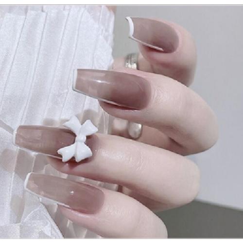 chip-012 ネイルチップ　付け爪　グレージュ　クリア感　シアー　リボン　デザインチップ　12サ...