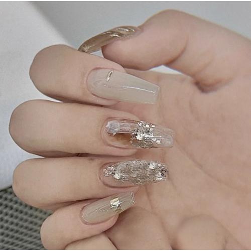 ネイルチップ　付け爪　ラメ　カフェラテネイル　オシャレ　人気　ミルキーベージュ　ゴールドライン