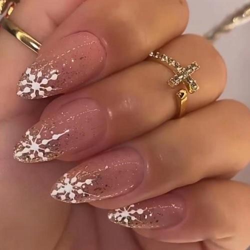 スノーフレーク ネイルアート グリッター パウダー フレンチ クリスマス 新年スタイル ピンク　雪の...