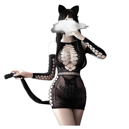 セクシー 猫耳 ボディストッキング ボディコン タイツ ミニ レース ランジェリー 網タイツ コスチ...