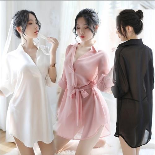 【D-C10142】ナイトウエア　セクシー ランジェリー シャツ風 パジャマ ミニ ワンピース ベビ...