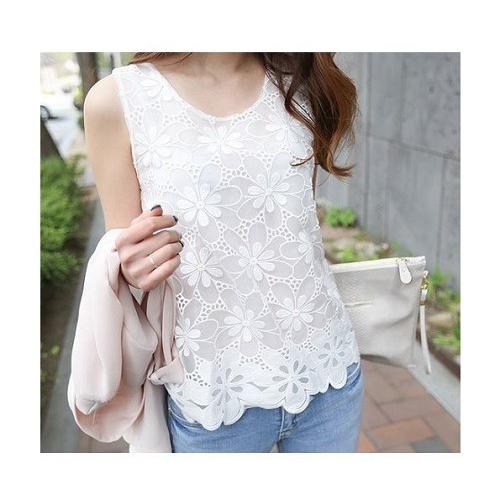 ノースリーブ 花柄レース ラウンドネック 可愛い 爽やか タンクトップ 春 夏 レディース