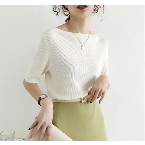 五分袖 ボートネック リブニット カットソー 春 夏 レディース オシャレ シンプル トップス サマ...