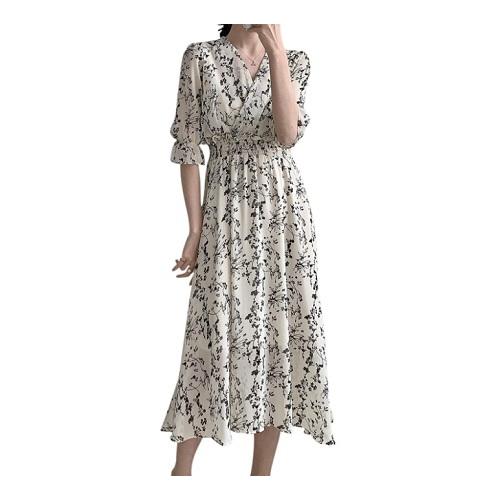 花柄 シフォン ワンピース ロング丈 フェミニン クラシカル Vネック 薄手 ウエストシャーリング ...