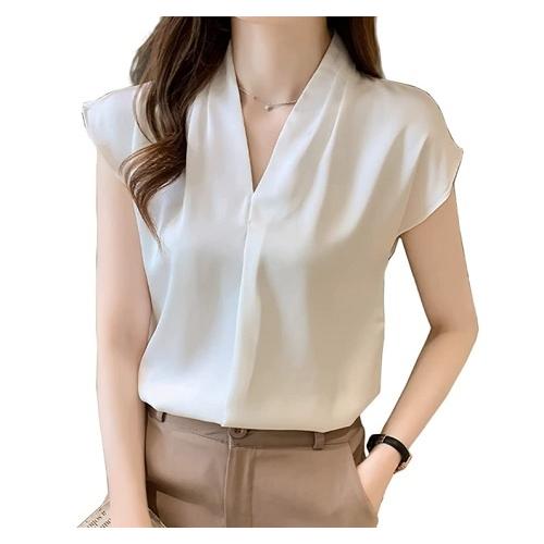 Vネックブラウス 半袖 白 オフィス トップス レディース S〜2XL　OL オフィスファッション