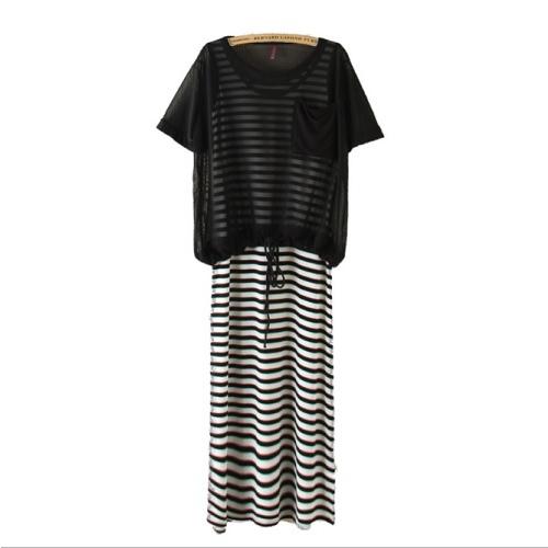 2021年夏 ワンピース　レディース　モーダル　ストライプ　ラウンドネック　半袖　ツーピース　ロング...