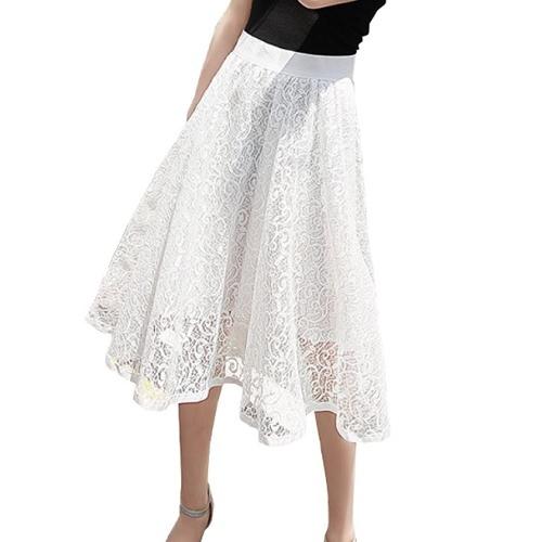 ロングスカート　レース　Aライン　フレア　ミモレ丈　ウエストゴム　花柄　上品　清楚　きれいめ　シース...