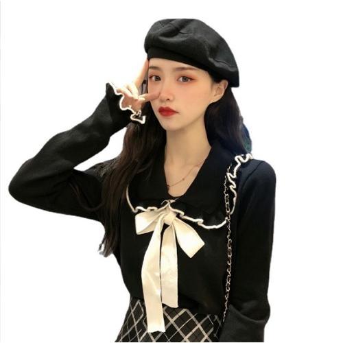 大きなリボン付き　長袖　トップス　襟付き　フリル　可愛い　３色展開　レディース　春ファッション