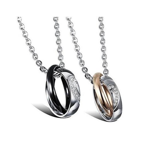 【D-J0009】カップル　二連リングネックレス　ハート　ペア　ペンダント　恋人　CZジルコニア　記...