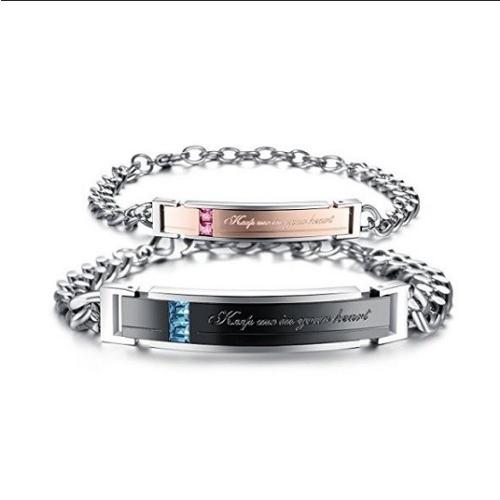 【D-J0012】ペア・ブレスレット　Cz入りプレート 刻印入り「Keep me in your h...