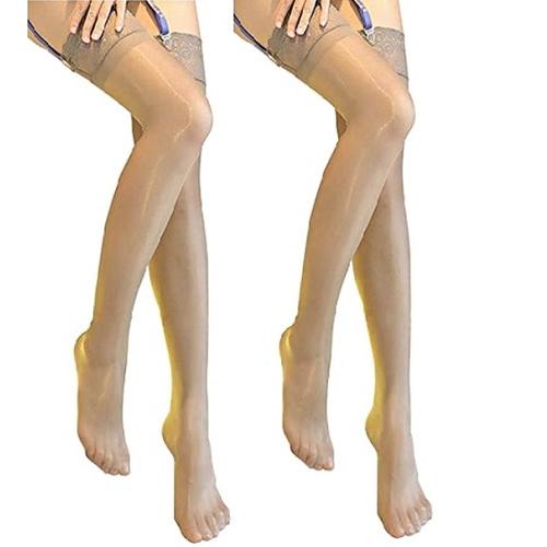 ガーターストッキング 光沢 【２足セット】ふともも丈 シリコン ストッパー付き 15デニール