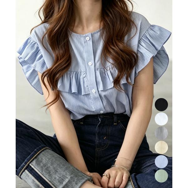 【日本倉庫即納】 レディースフリルブラウス 半袖シャツ夏服