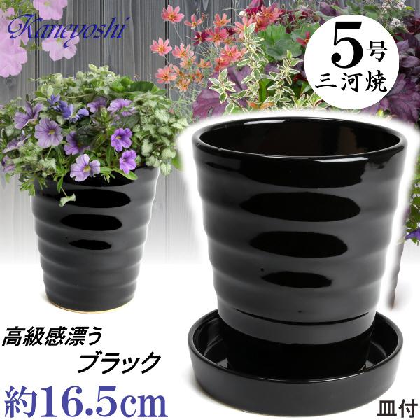 植木鉢 おしゃれ 安い 陶器 サイズ 16.5cm フラワーロード 5号 黒 受皿付 室内 屋外 ブ...