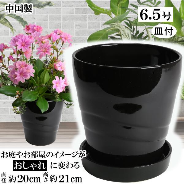 植木鉢 おしゃれ 安い 陶器 サイズ 20cm MBC19 6.5号 ブラック 受皿付 室内 屋外 ...