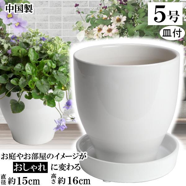 植木鉢 おしゃれ 安い 陶器 サイズ 15cm MGI-15 5号 ホワイト 受皿付 室内 屋外 白...