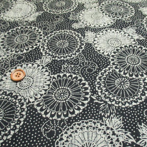 むら糸プリント(菊輪　黒×ベージュ)