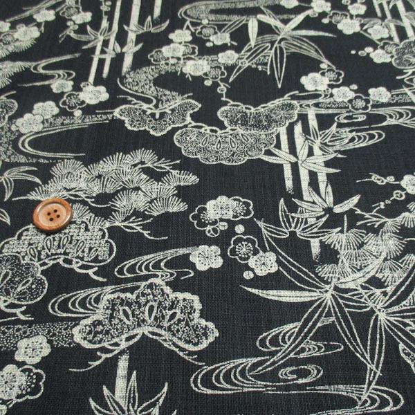 むら糸プリント(松竹梅　黒×ベージュ)