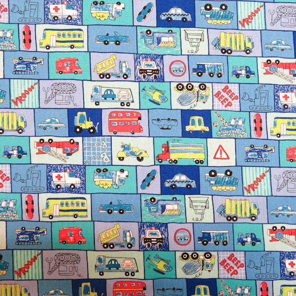 CBポプリンプリント(働く車　パッチ風　ブルー)