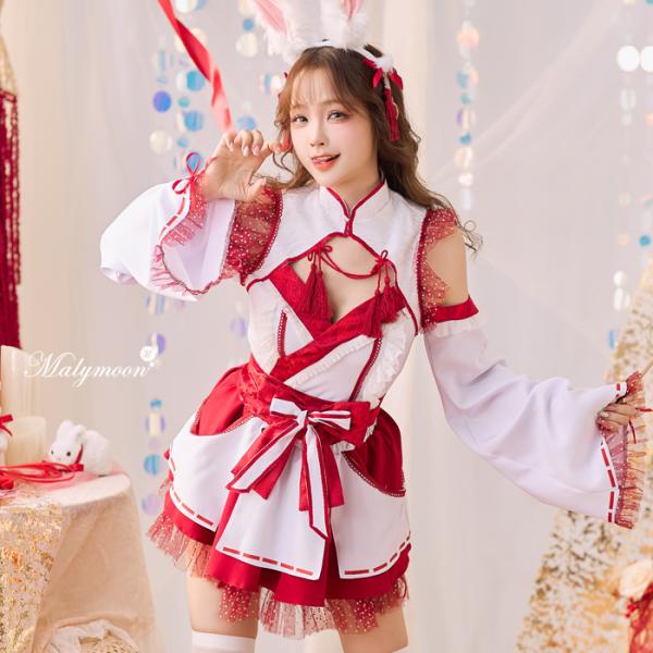 [正規品]【あすつく】コスプレ 巫女 バニー ウサギ ホワイト レッド セットアップ ドット ドーリ...