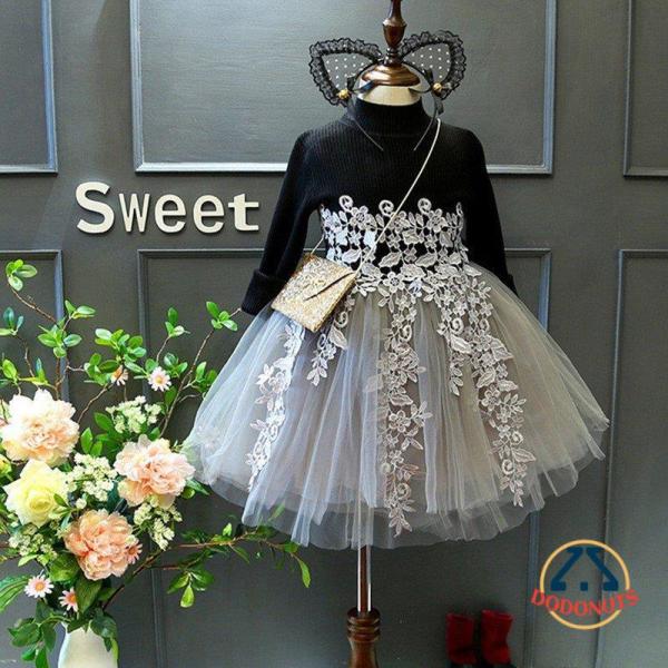 子どもドレス キッズワンピース ベビー 赤ちゃん 長袖 チュールスカート 黒ワンピ ピアノ 発表会 ...