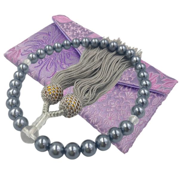 女性用数珠 数珠 数珠袋 念珠 葬儀 法事 葬儀用 お葬式 8mm 黒貝パール 黒真珠 全ての宗派で...