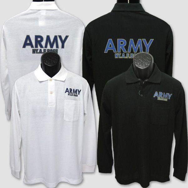 ミリタリープリント長袖ポロシャツ　“ARMY NY.A.F.BASE”　【サイズ：S・M・L・XL】