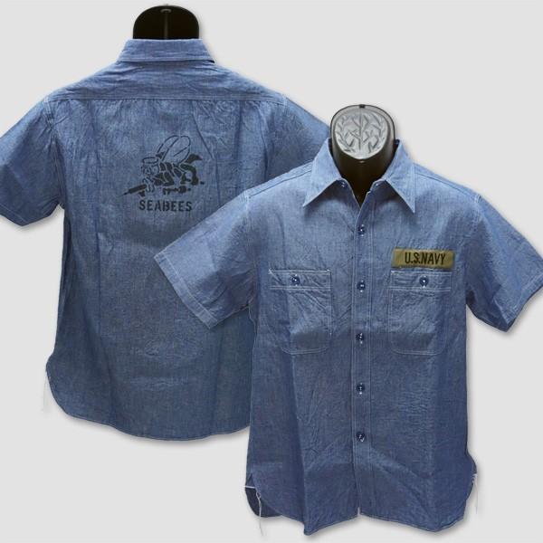 バズリクソン　BUZZ RICKSON'S　半袖ブルーシャンブレイ・プリントワークシャツ　“BLUE...