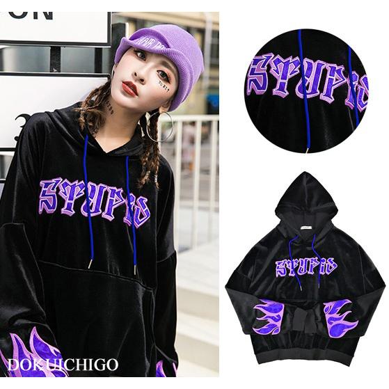 炎 パーカー レディース 裏起毛 韓国ファッション ストリート系 長袖 フード ベロア 原宿 派手 ...