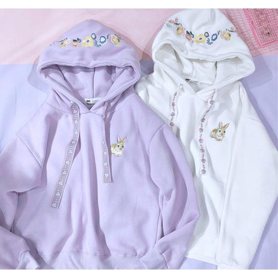 パーカー レディース 刺繍 うさぎ 長袖 韓国 原宿系 オルチャン パステル 裏起毛 春夏秋冬
