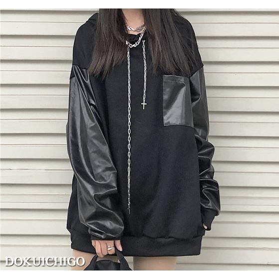 パーカー レディース 韓国 レザー 長袖 無地 切り替え モード系 原宿 ストリート系