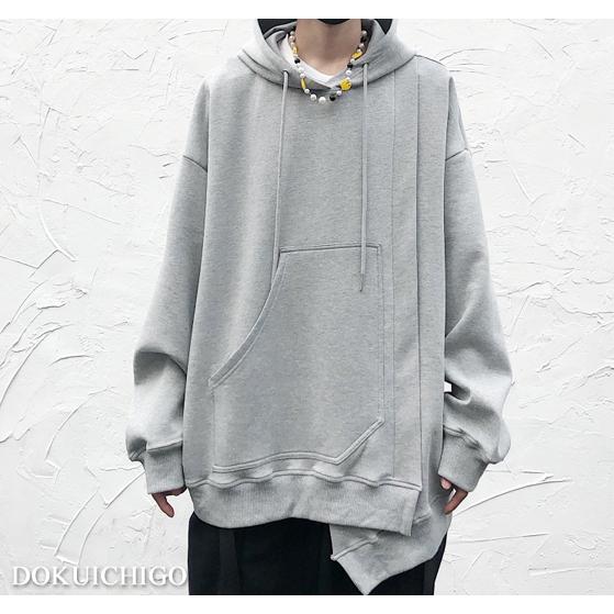 パーカー レディース アシンメトリー 個性的 韓国 原宿 ストリート系 長袖 グレー