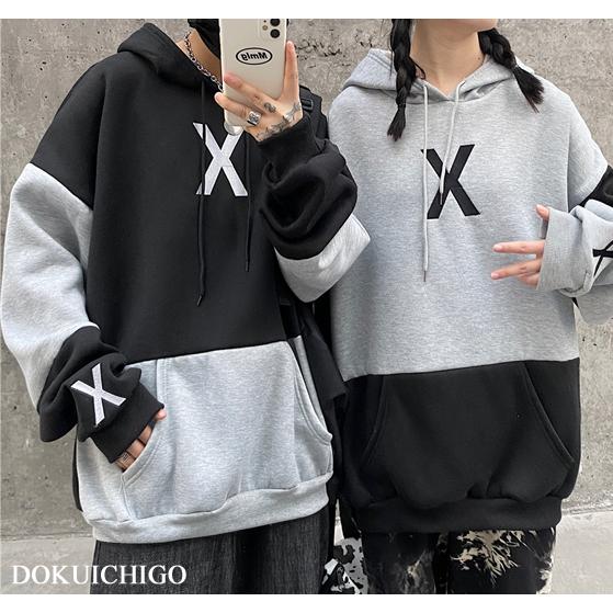 パーカー レディース バイカラー フード アシンメトリー 切り替え ストリート 韓国 原宿 冬