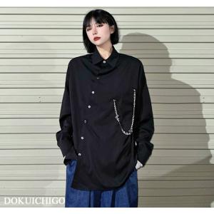 モード系 レディース アシンメトリー 韓国ファッション 黒 シャツ