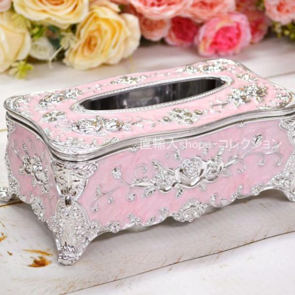 ★倉庫移転の為、在庫処分SALE！★ 薔薇の ティッシュボックス ティッシュケース ピンク＆シルバー...