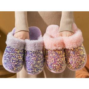 ★新春クリアランスSALE！★ 4色 ファー付き ルームスリッパ スリッパ スパンコール 室内 レデ...